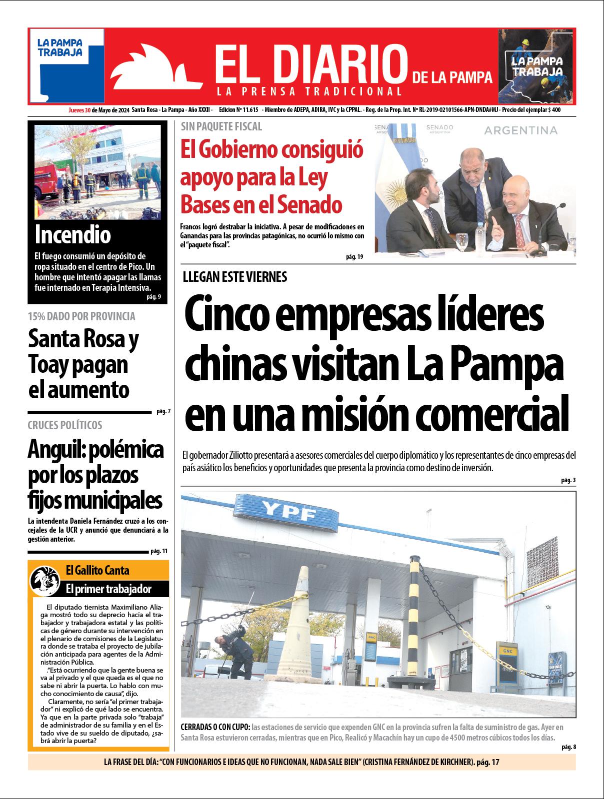 Tapa de El Diario en papel  jueves 30 de mayo de 2024